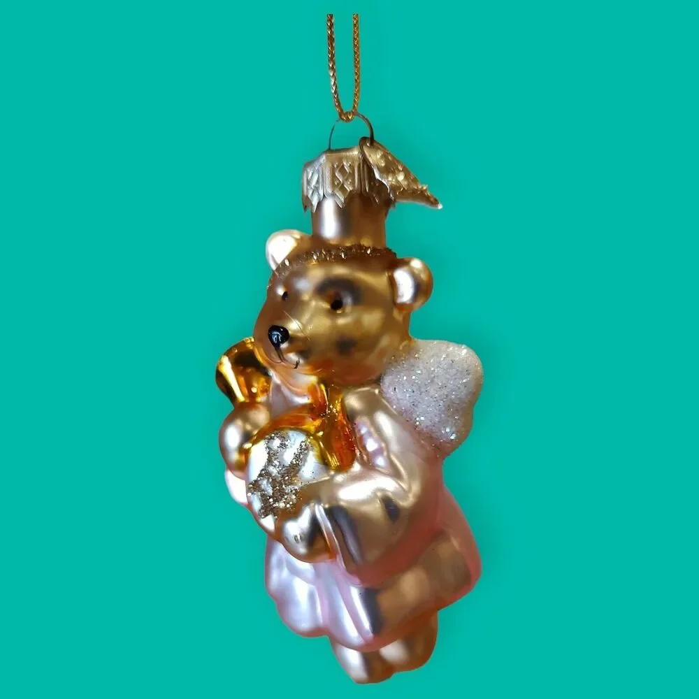 Gold Pink Angel Teddy Bear Ornament Hand Blown Glass Thomas Pacconi Classics '02